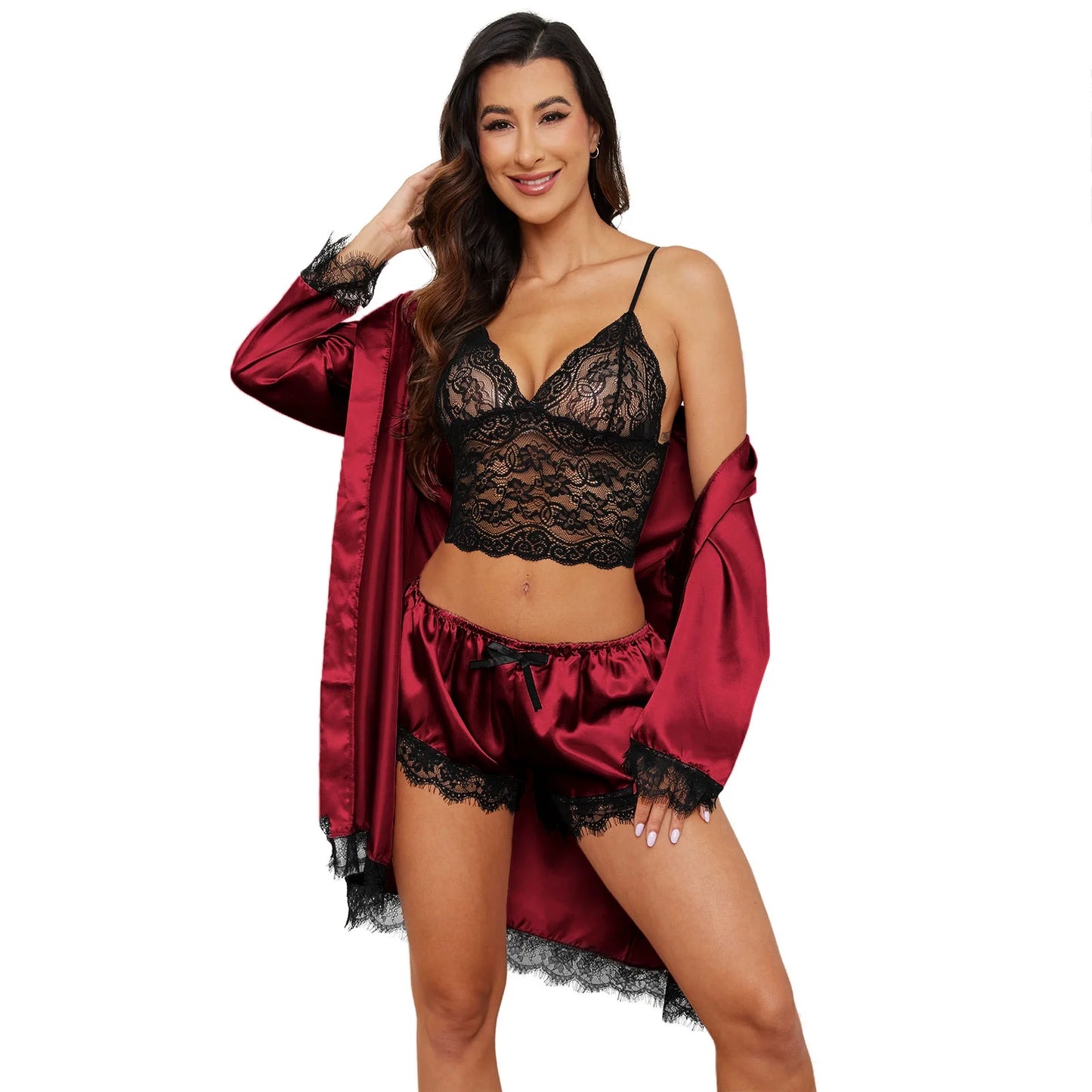 Sexy Lingerie, Silk Satin Pajamas for Women, Womens Summer Pajamas Pjs Sets of 4 Pcs with Floral Lace Top Shorts and Robe, Gift for Women, Burgundy, L
