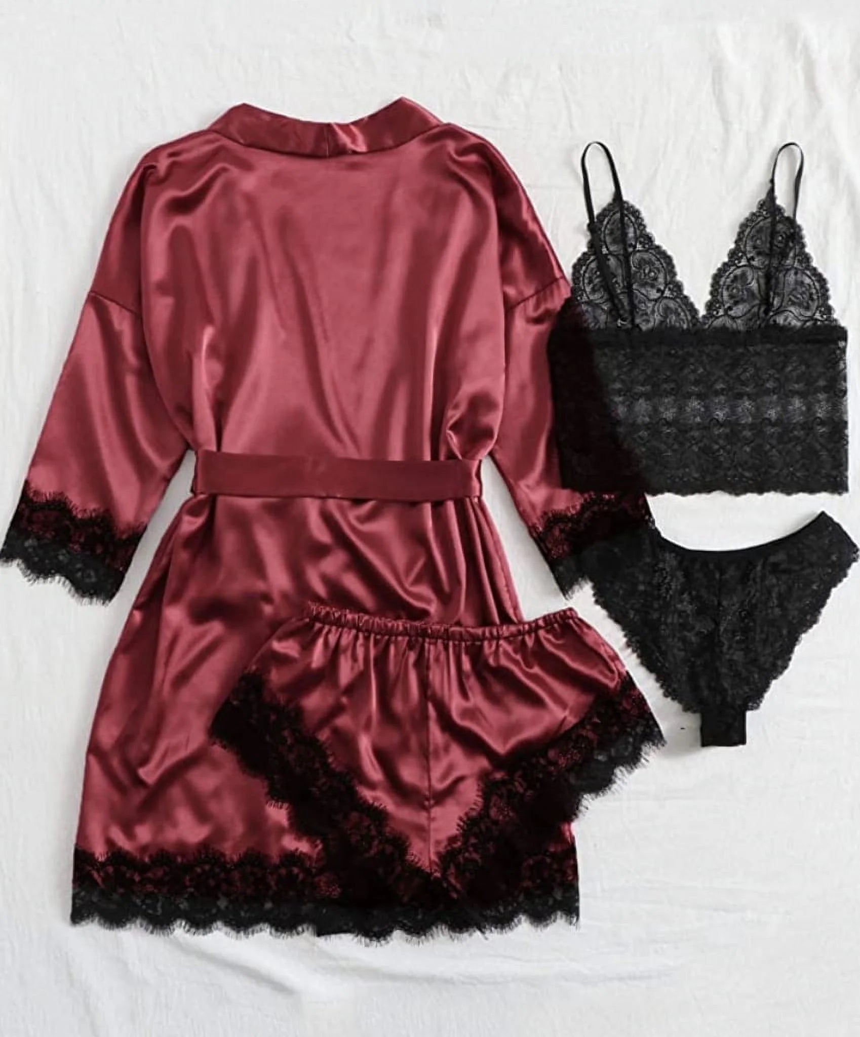 Sexy Lingerie,  Silk Satin Pajamas for Women, Womens Summer Pajamas Pjs Sets of 4 Pcs with Floral Lace Top Shorts and Robe, Gift for Women, Burgundy, L