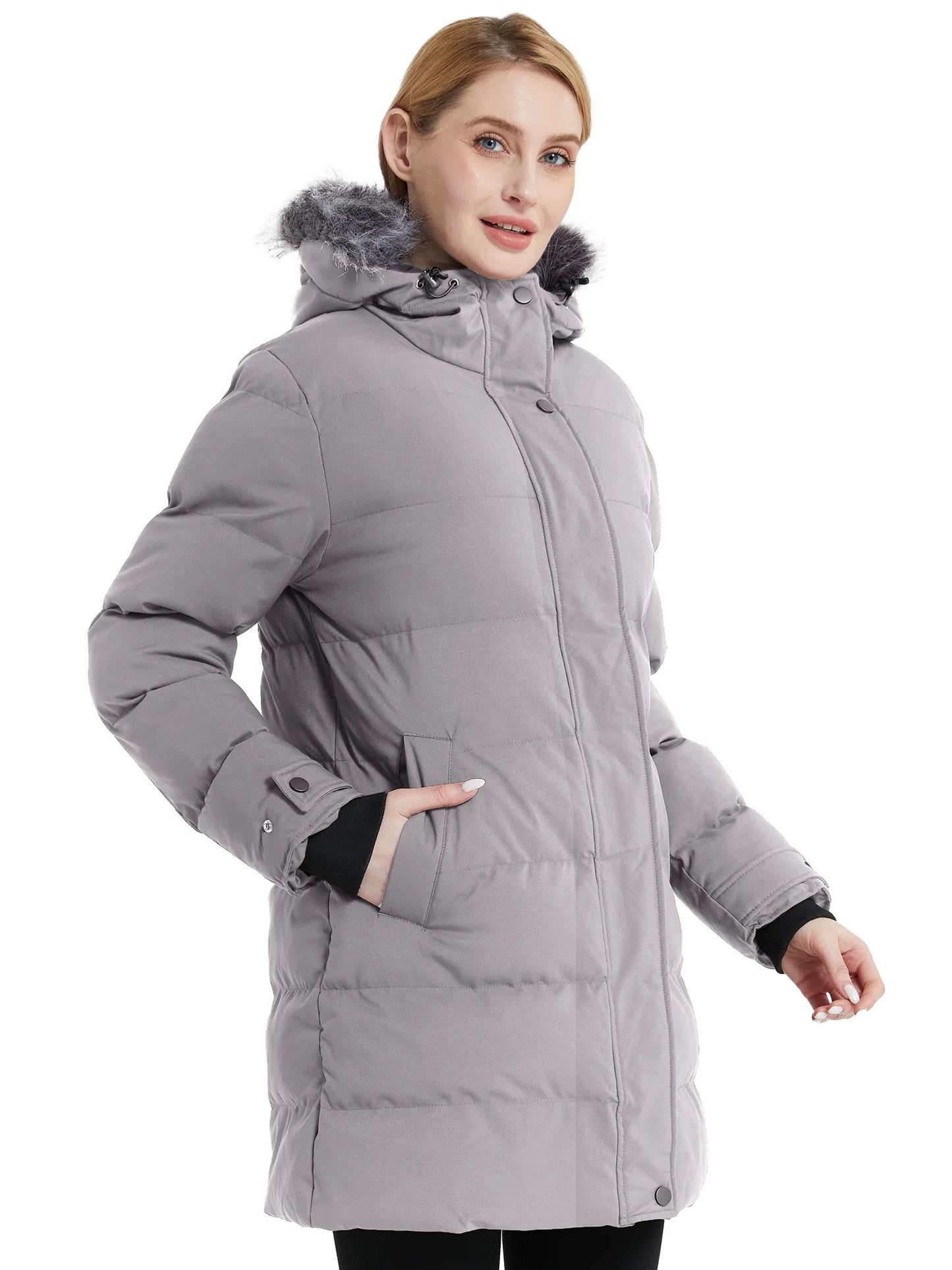 Women'S Puffer Jacket Hooded Parka Warm Winter Coat Long Coats Charcoal L