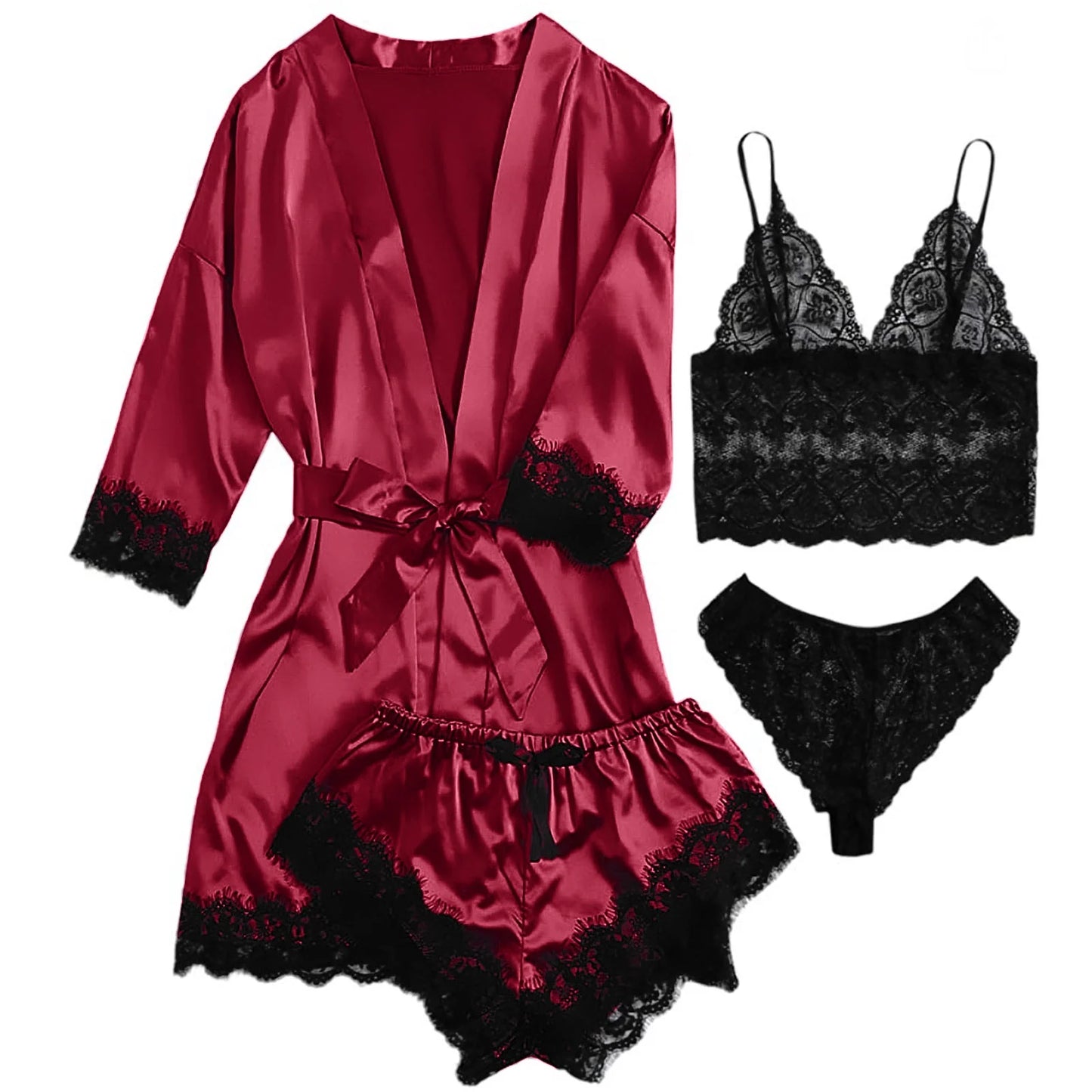 Sexy Lingerie,  Silk Satin Pajamas for Women, Womens Summer Pajamas Pjs Sets of 4 Pcs with Floral Lace Top Shorts and Robe, Gift for Women, Burgundy, L